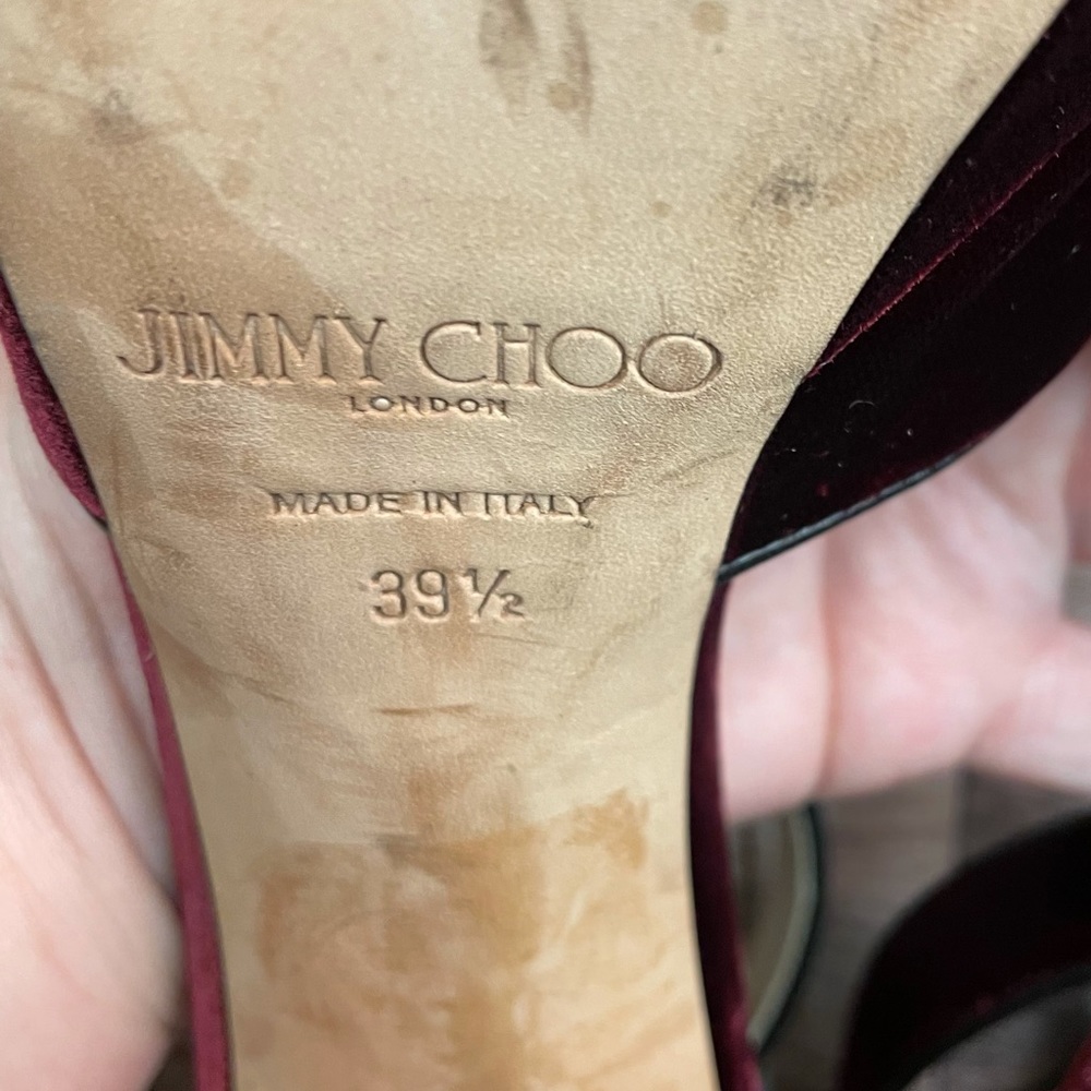 JIMMY CHOO Merlot Red Velvet Platform Heels Sz 9 - Picture 10 of 10